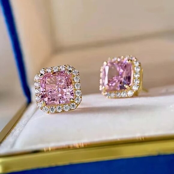 18k Gold Pink Sapphire Diamond Earrings Cushion Cut Earrings - Picture 4 of 6